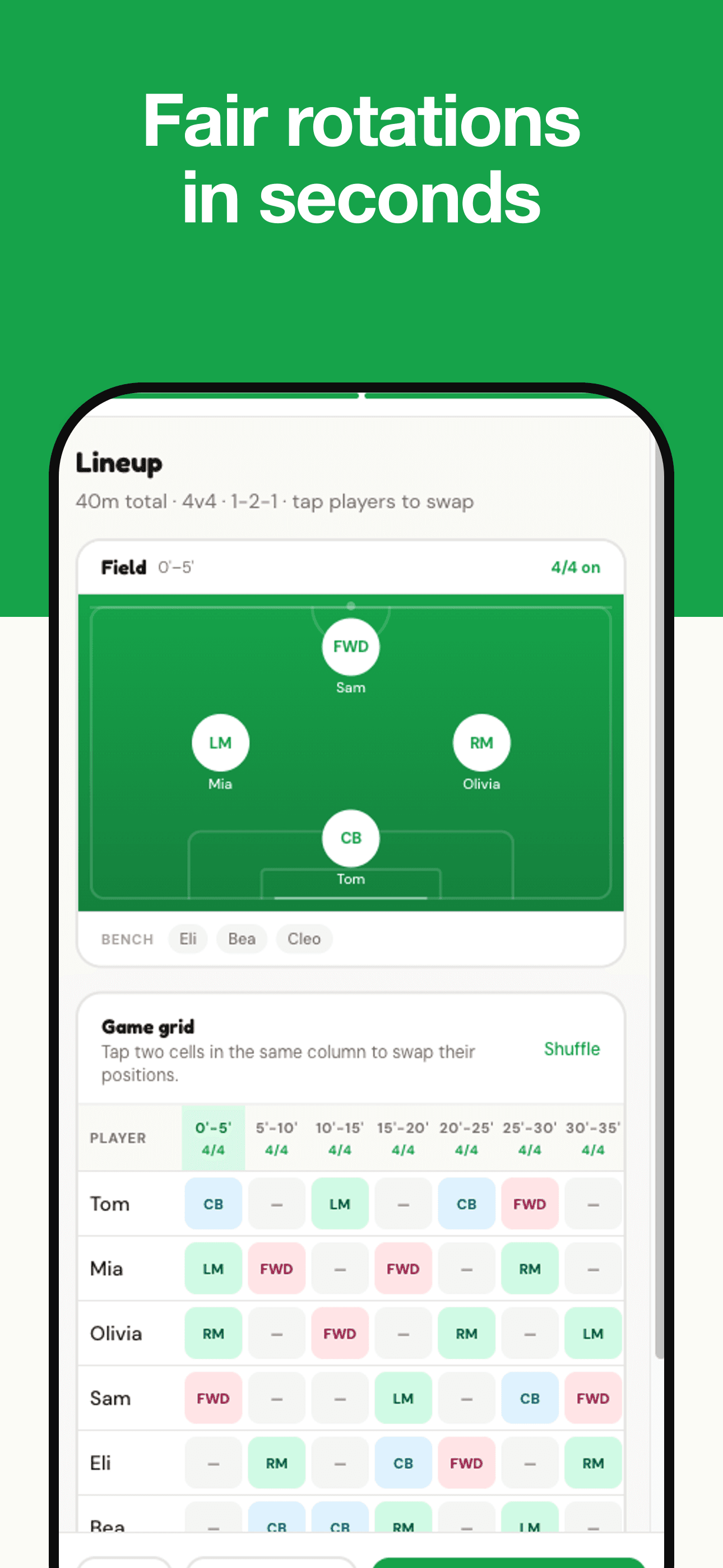 Pre-match rotation planner — fair minutes for every player