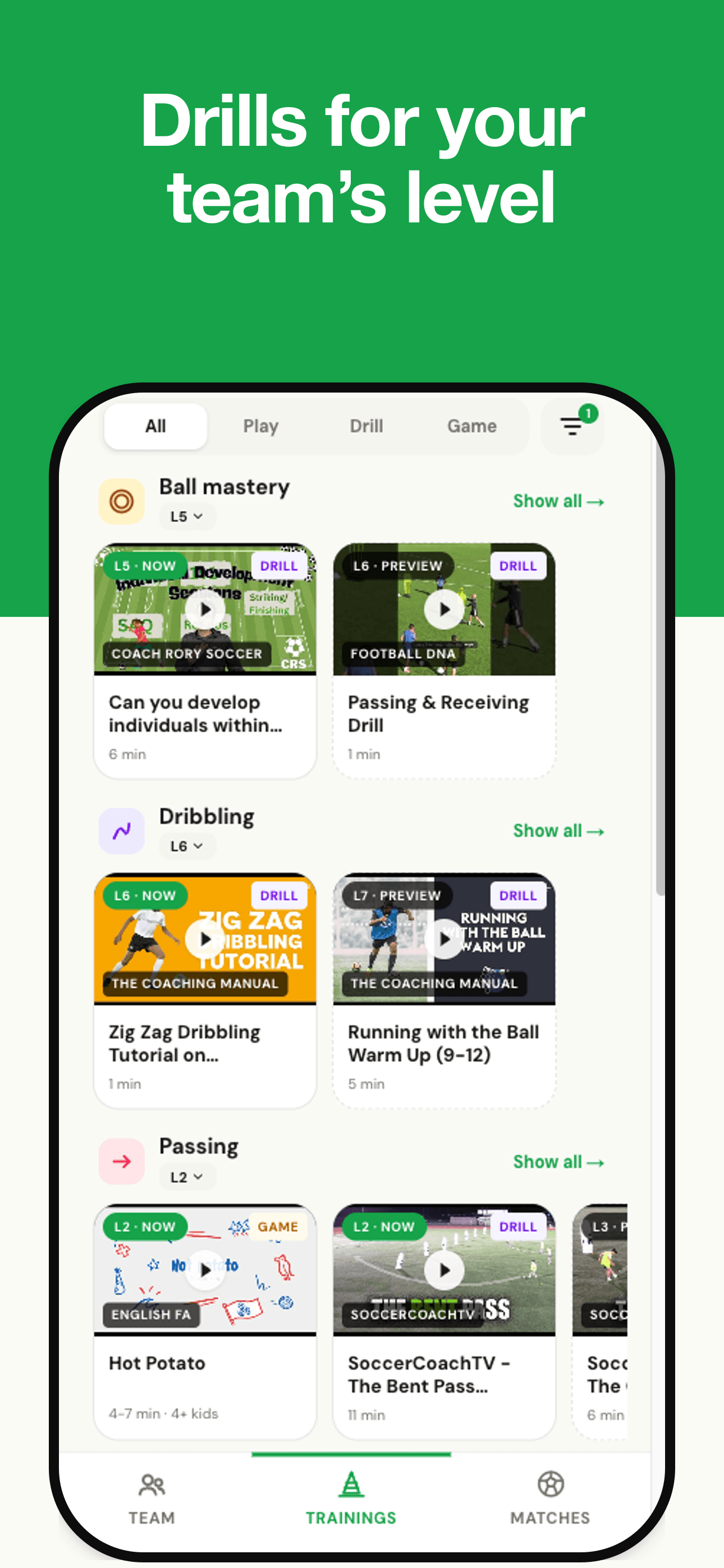 Training library — drills across 8 skills and 10 levels