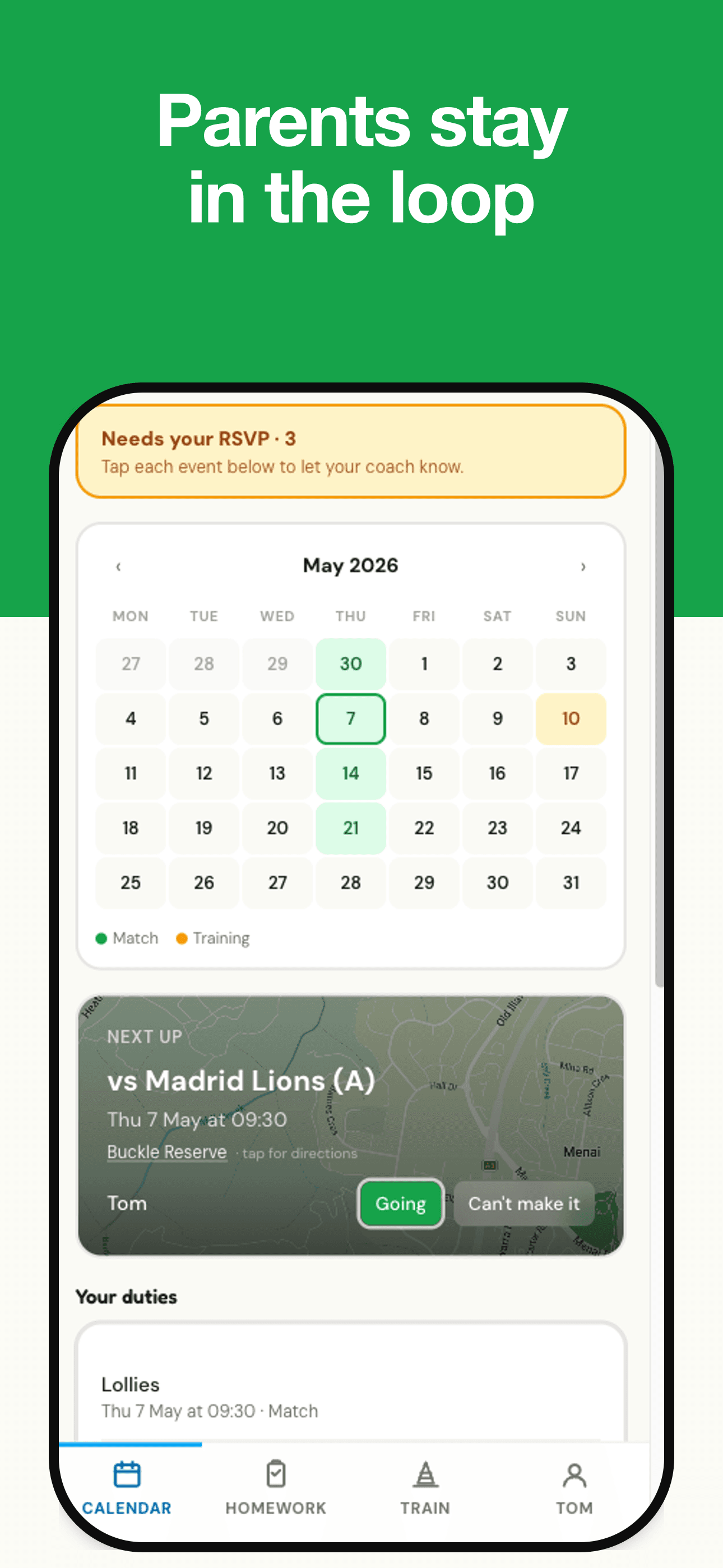 Parent RSVPs — see who's coming before the whistle