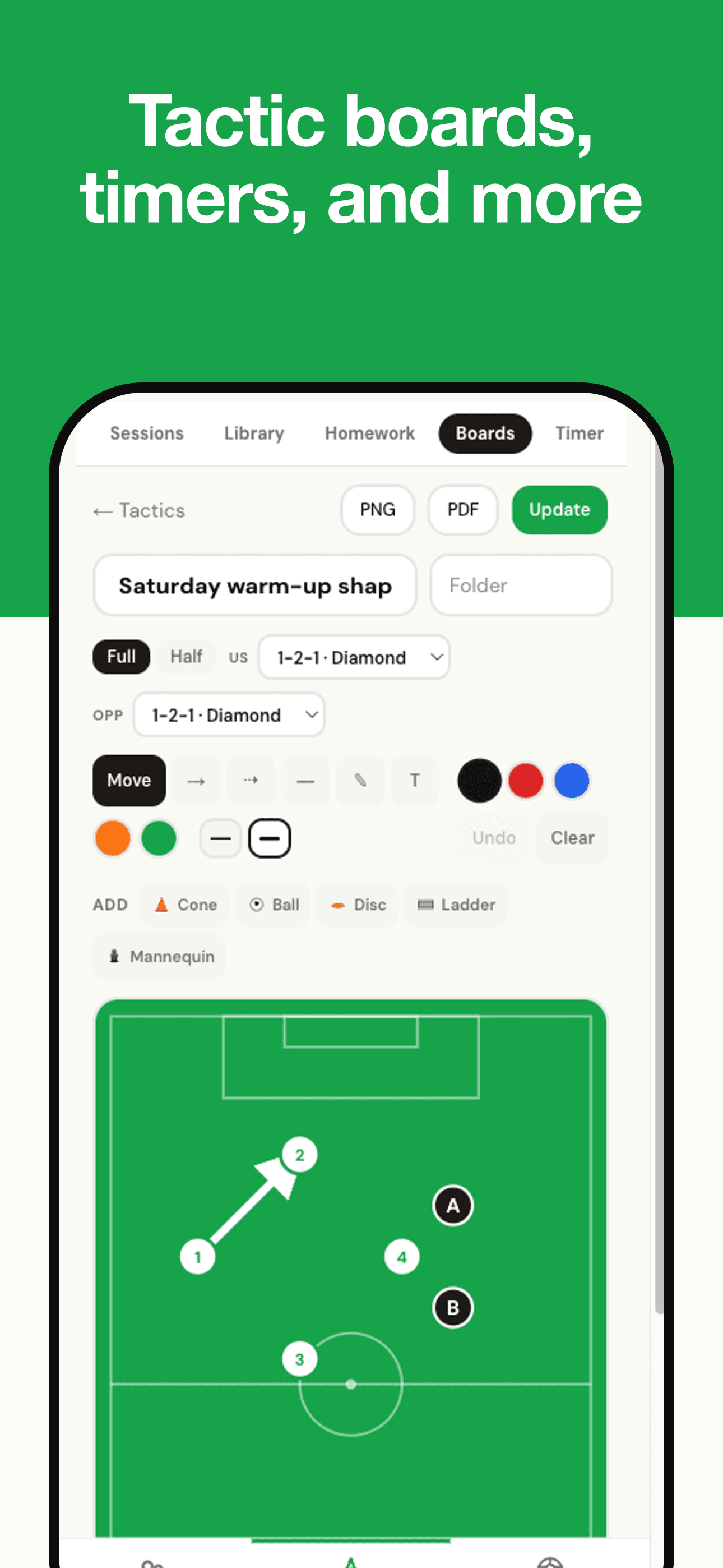 Tactic board — sketch shape and set-pieces on the sideline